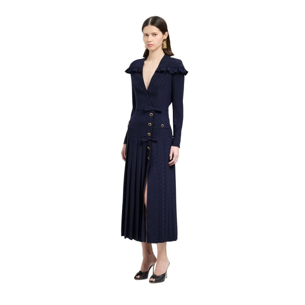 Alessandra Rich Silk Jacquard Dress with Pleated Skirt in Navy Blue, view 2