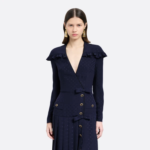 Alessandra Rich Silk Jacquard Dress with Pleated Skirt in Navy Blue, view 3