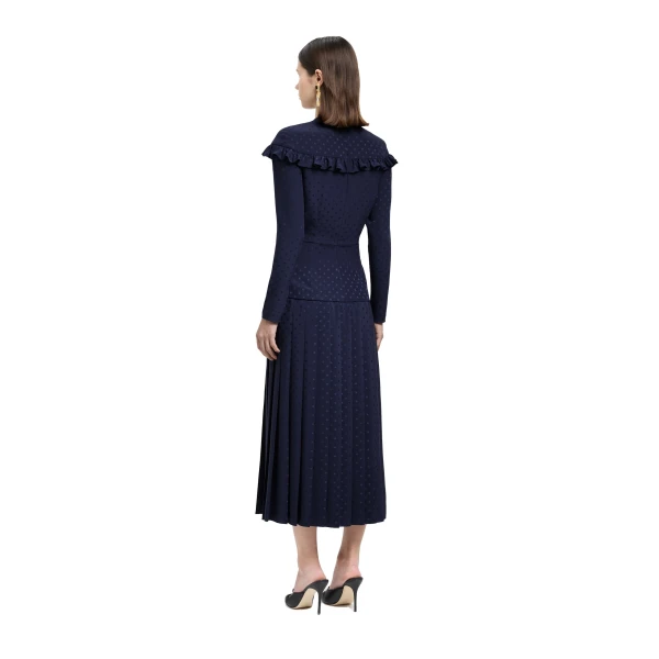 Alessandra Rich Silk Jacquard Dress with Pleated Skirt in Navy Blue, view 4