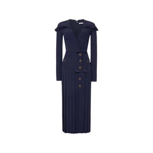 Silk Jacquard Dress with Pleated Skirt in Navy Blue