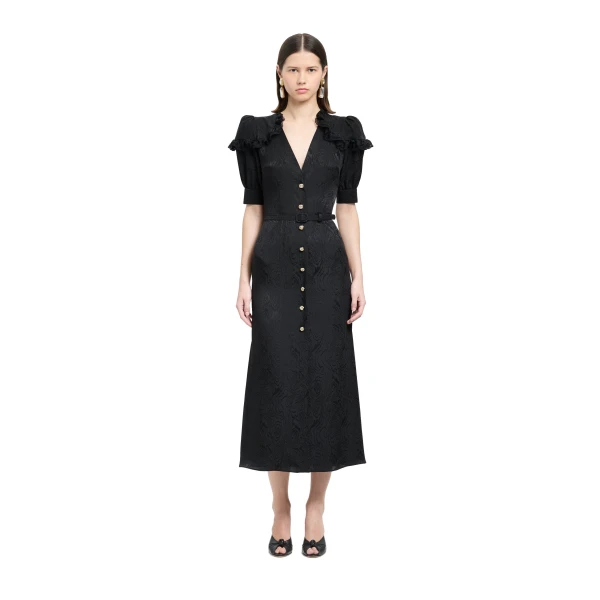 Alessandra Rich Silk Jacquard Midi Dress with V-Neckline in Black, view 2