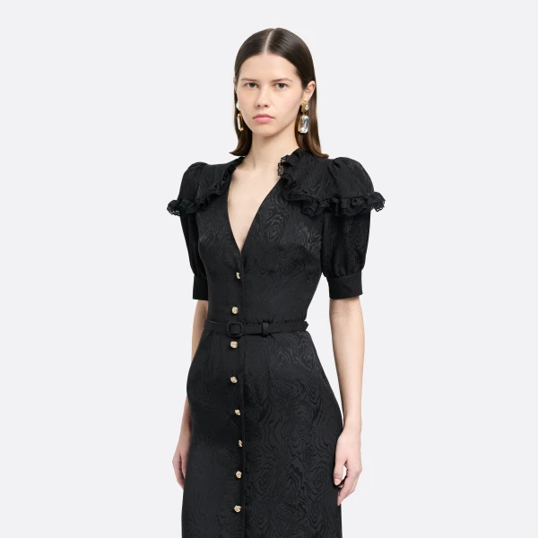 Alessandra Rich Silk Jacquard Midi Dress with V-Neckline in Black, view 3