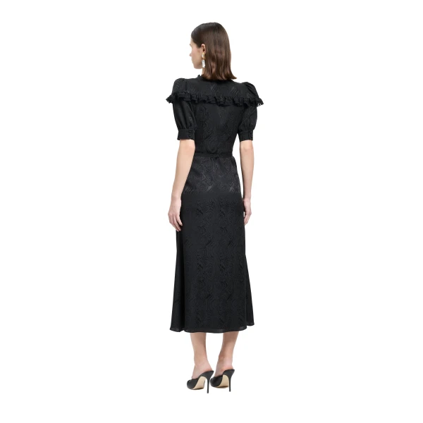 Alessandra Rich Silk Jacquard Midi Dress with V-Neckline in Black, view 4