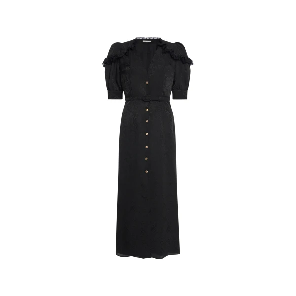 Alessandra Rich Silk Jacquard Midi Dress with V-Neckline in Black