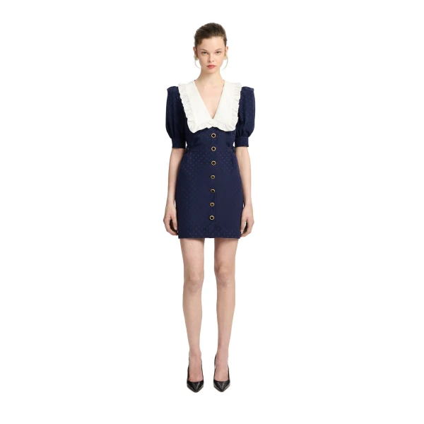 Alessandra Rich Silk Jacquard Mini Dress with Buckles in Navy Blue, view 2