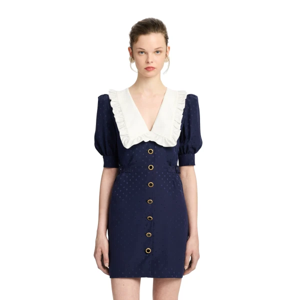 Alessandra Rich Silk Jacquard Mini Dress with Buckles in Navy Blue, view 3