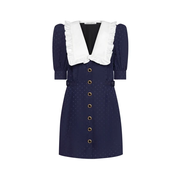 Silk Jacquard Mini Dress with Buckles in Navy Blue
