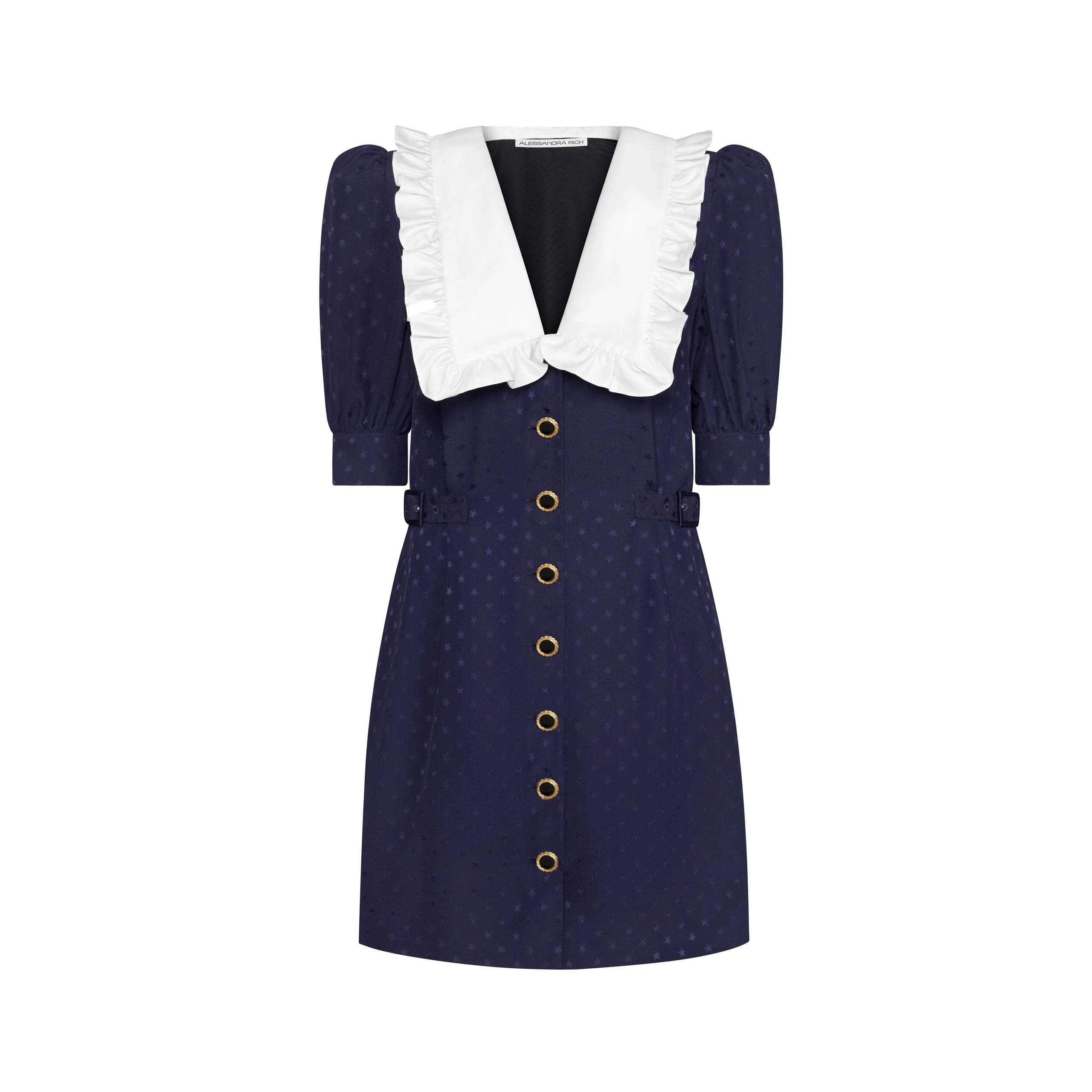 Alessandra Rich Silk Jacquard Mini Dress with Buckles in Navy Blue Alessandra Rich Silk Jacquard Mini Dress with Buckles in Navy Blue