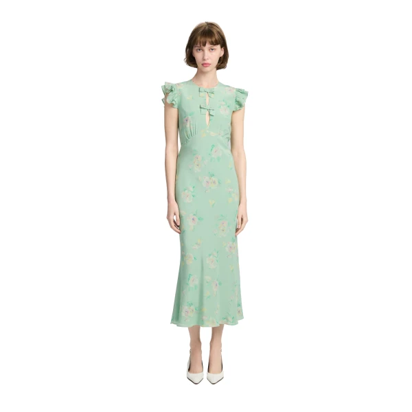 Alessandra Rich Silk Midi Dress with Ruffle Sleeves in Green and Multi, view 2