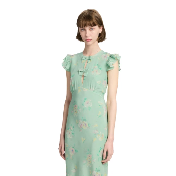 Alessandra Rich Silk Midi Dress with Ruffle Sleeves in Green and Multi, view 3