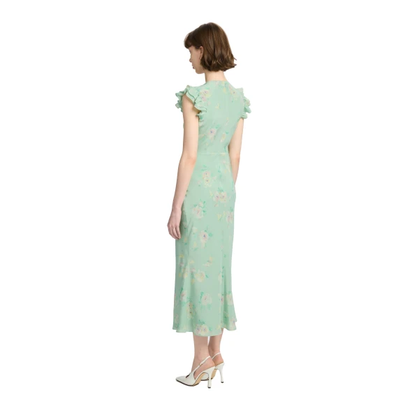 Alessandra Rich Silk Midi Dress with Ruffle Sleeves in Green and Multi, view 4