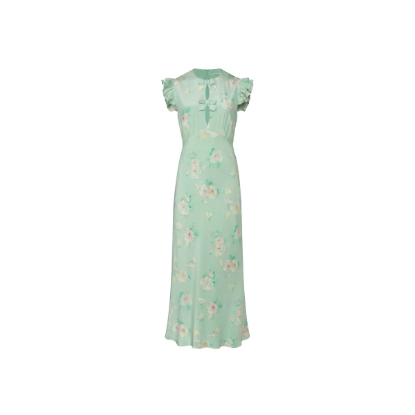 Alessandra Rich Silk Midi Dress with Ruffle Sleeves in Green and Multi