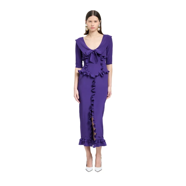 Alessandra Rich Silk Midi Dress with Ruffles in Purple, view 2
