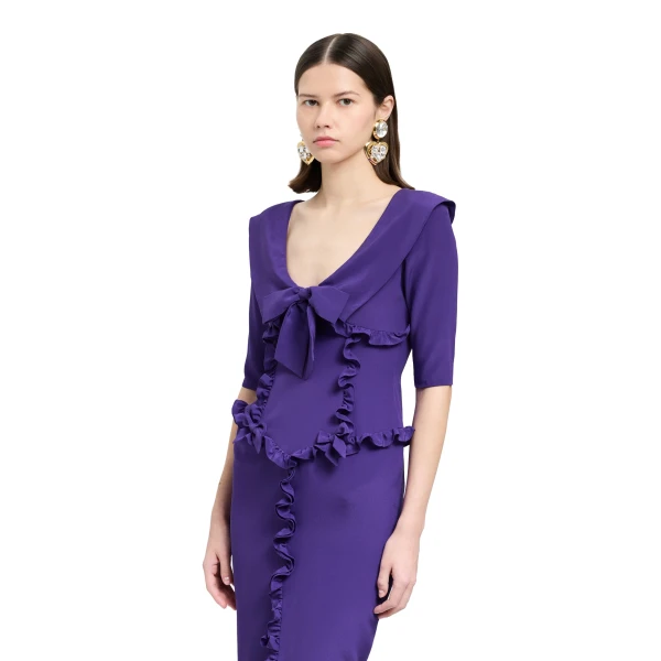 Alessandra Rich Silk Midi Dress with Ruffles in Purple, view 3
