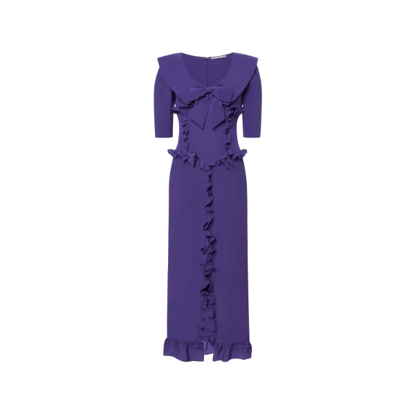 Alessandra Rich Silk Midi Dress with Ruffles in Purple