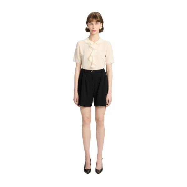 Alessandra Rich Silk Short Sleeve Blouse with Jabot in Cream, view 2