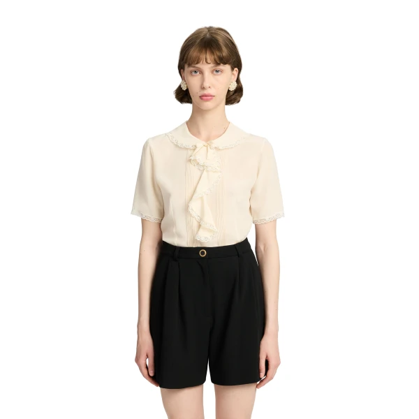 Alessandra Rich Silk Short Sleeve Blouse with Jabot in Cream, view 3