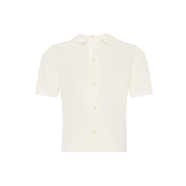 Alessandra Rich Silk Short Sleeve Blouse with Jabot in Cream, view 5