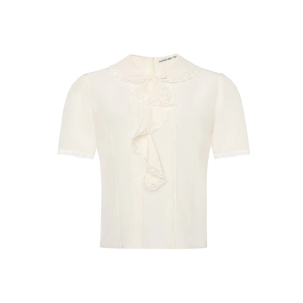 Silk Short Sleeve Blouse with Jabot in Cream