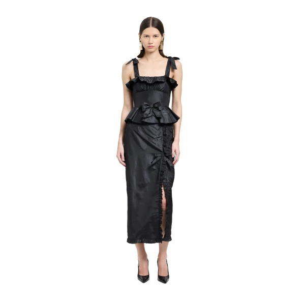 Alessandra Rich Silk Taffeta Midi Dress with Ruffles in Black, view 2