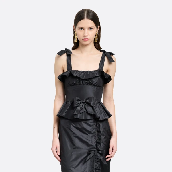 Alessandra Rich Silk Taffeta Midi Dress with Ruffles in Black, view 3