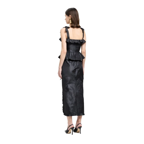 Alessandra Rich Silk Taffeta Midi Dress with Ruffles in Black, view 4