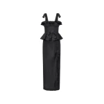Alessandra Rich Silk Taffeta Midi Dress with Ruffles in Black