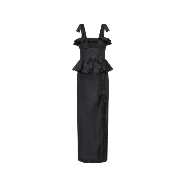 Alessandra Rich Silk Taffeta Midi Dress with Ruffles in Black