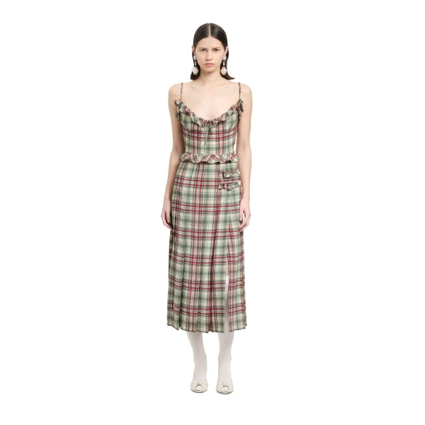 Alessandra Rich Tartan-Print Silk Midi Dress with Pleated Skirt in Red and Green, view 2