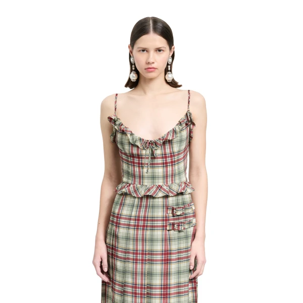 Alessandra Rich Tartan-Print Silk Midi Dress with Pleated Skirt in Red and Green, view 3