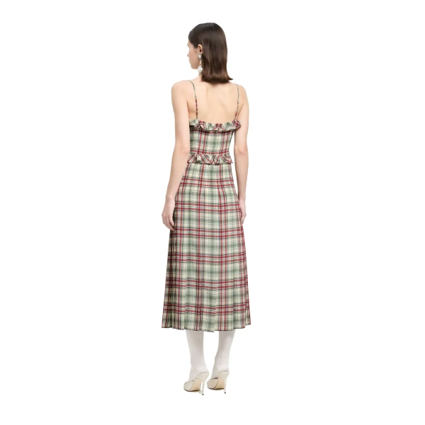 Alessandra Rich Tartan-Print Silk Midi Dress with Pleated Skirt in Red and Green, view 4