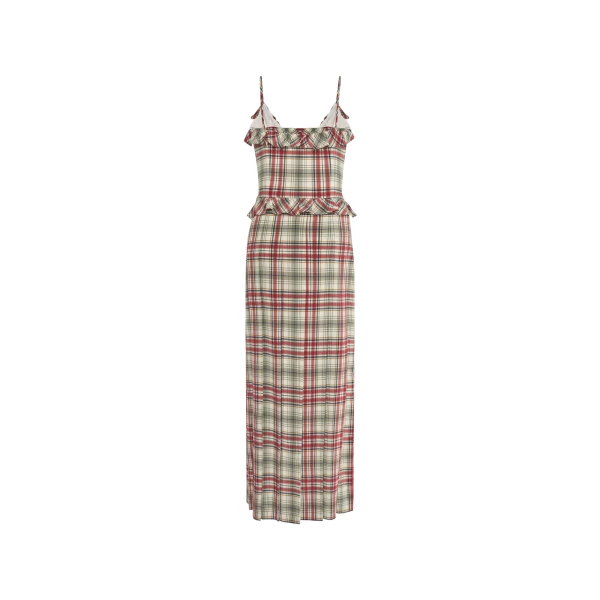 Alessandra Rich Tartan-Print Silk Midi Dress with Pleated Skirt in Red and Green, view 5