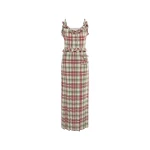 Alessandra Rich Tartan-Print Silk Midi Dress with Pleated Skirt in Red and Green