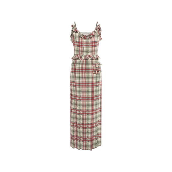Tartan-Print Silk Midi Dress with Pleated Skirt in Red and Green
