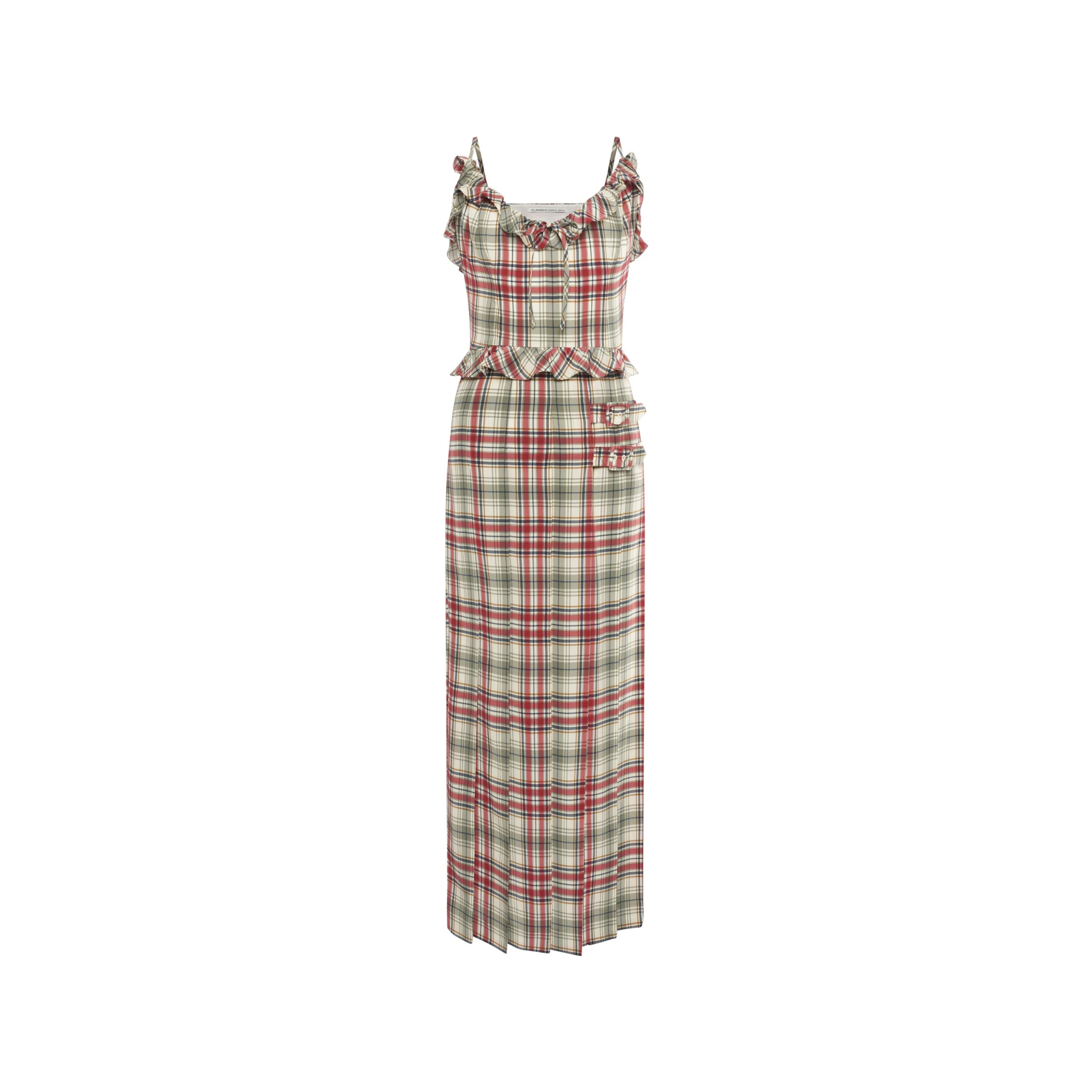 Alessandra Rich Tartan-Print Silk Midi Dress with Pleated Skirt in Red and Green Alessandra Rich Tartan-Print Silk Midi Dress with Pleated Skirt in Red and Green