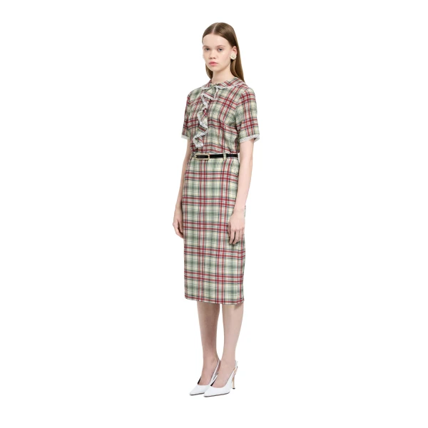Alessandra Rich Tartan-Print Silk Midi Skirt in Red and Green, view 2