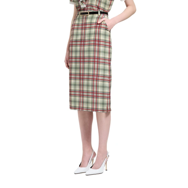 Alessandra Rich Tartan-Print Silk Midi Skirt in Red and Green, view 3