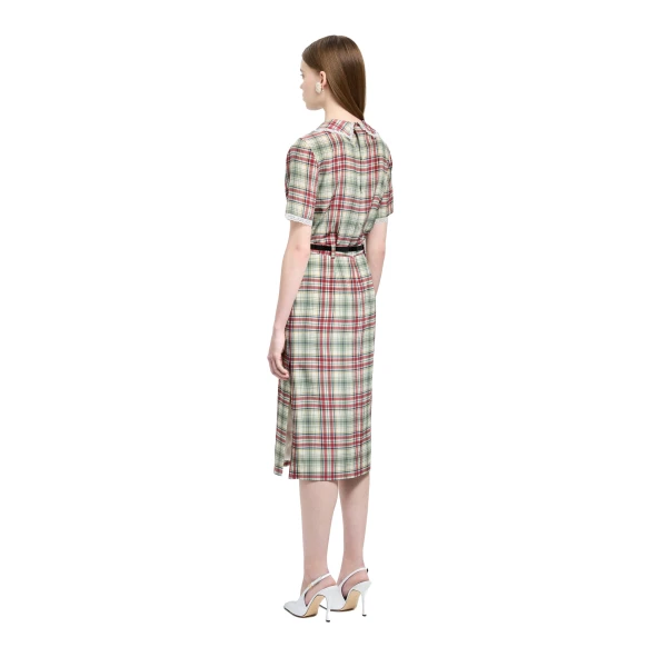 Alessandra Rich Tartan-Print Silk Midi Skirt in Red and Green, view 4