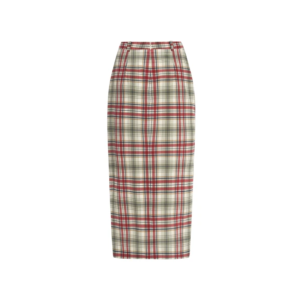 Alessandra Rich Tartan-Print Silk Midi Skirt in Red and Green, view 5
