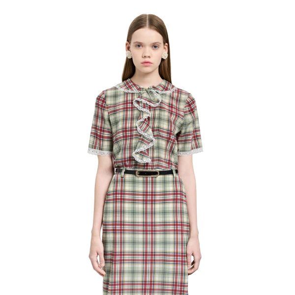 Alessandra Rich Tartan-Print Silk Short Sleeve Blouse with Jabot in Red and Green, view 3
