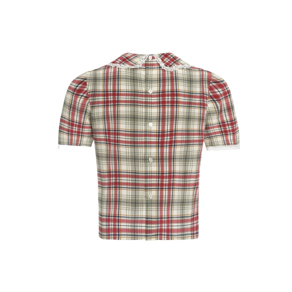 Alessandra Rich Tartan-Print Silk Short Sleeve Blouse with Jabot in Red and Green, view 5