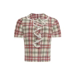 Alessandra Rich Tartan-Print Silk Short Sleeve Blouse with Jabot in Red and Green