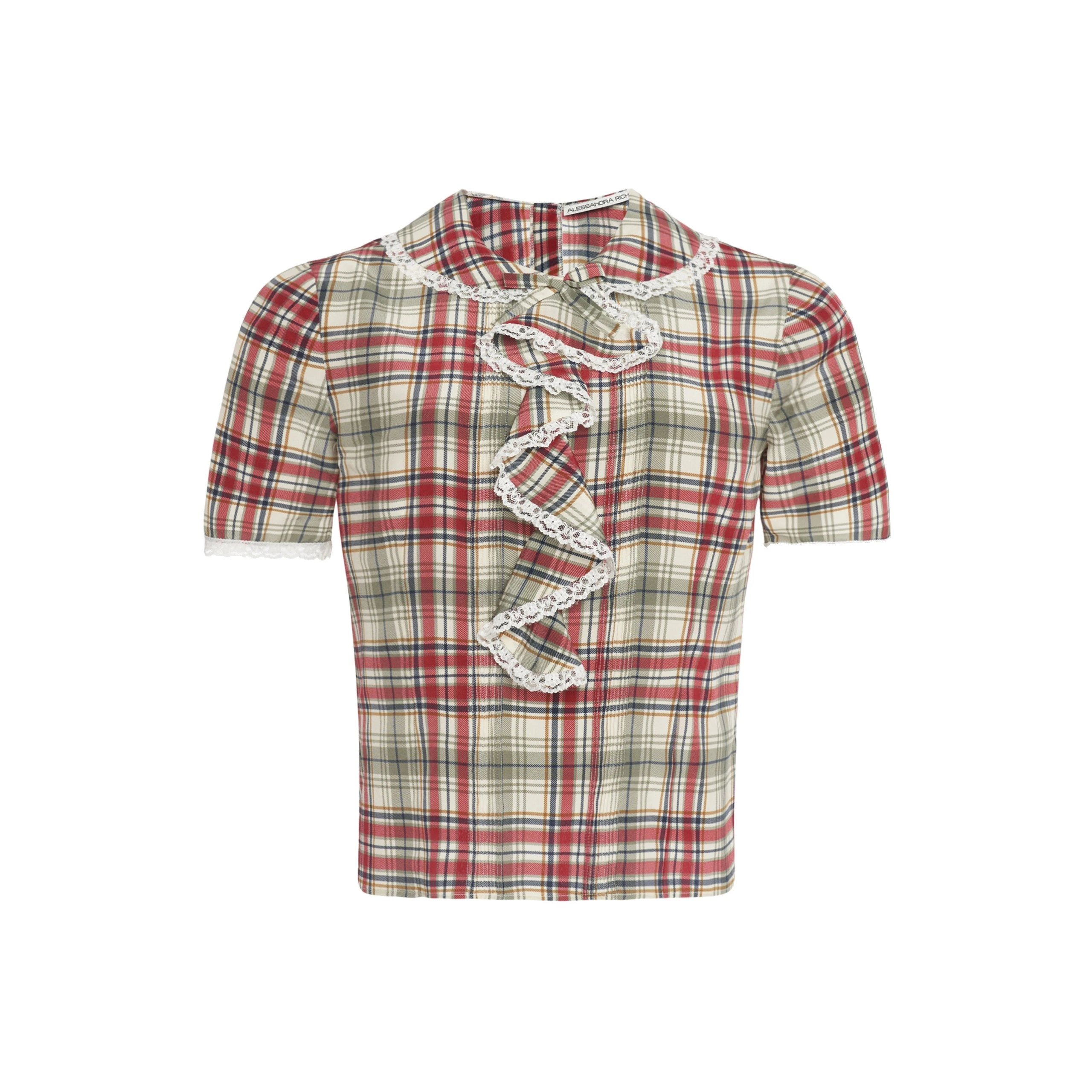 Alessandra Rich Tartan-Print Silk Short Sleeve Blouse with Jabot in Red and Green Alessandra Rich Tartan-Print Silk Short Sleeve Blouse with Jabot in Red and Green