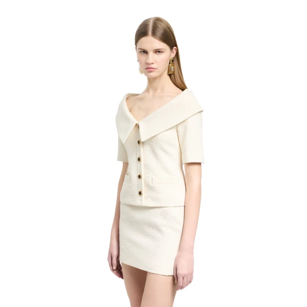 Alessandra Rich Tweed Bouclé Off-Shoulder Jacket in Ivory, view 3