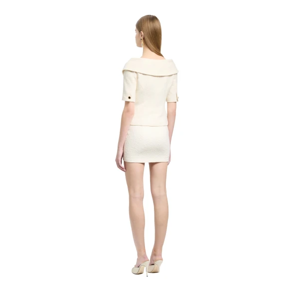 Alessandra Rich Tweed Bouclé Off-Shoulder Jacket in Ivory, view 4