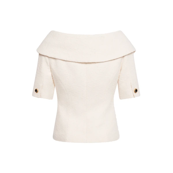 Alessandra Rich Tweed Bouclé Off-Shoulder Jacket in Ivory, view 5