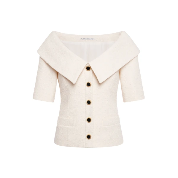 Tweed Bouclé Off-Shoulder Jacket in Ivory