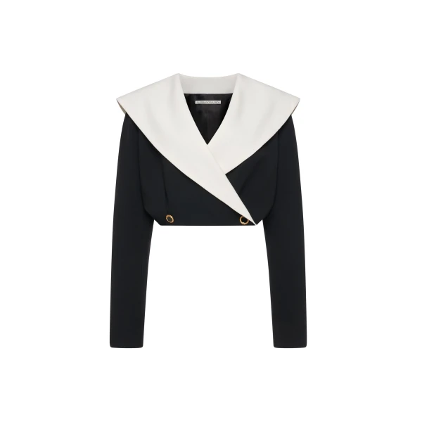 Wool Crêpe Cropped Double Breasted Jacket in Black