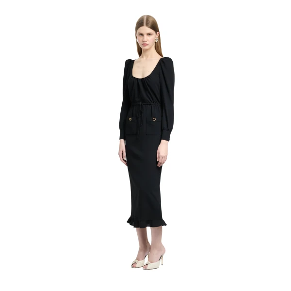 Alessandra Rich Wool Crêpe Midi Dress with Scoop Neckline in Black, view 2