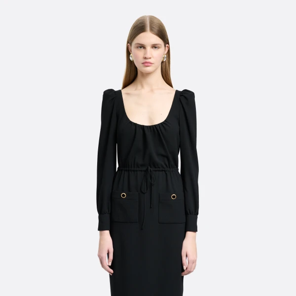 Alessandra Rich Wool Crêpe Midi Dress with Scoop Neckline in Black, view 3